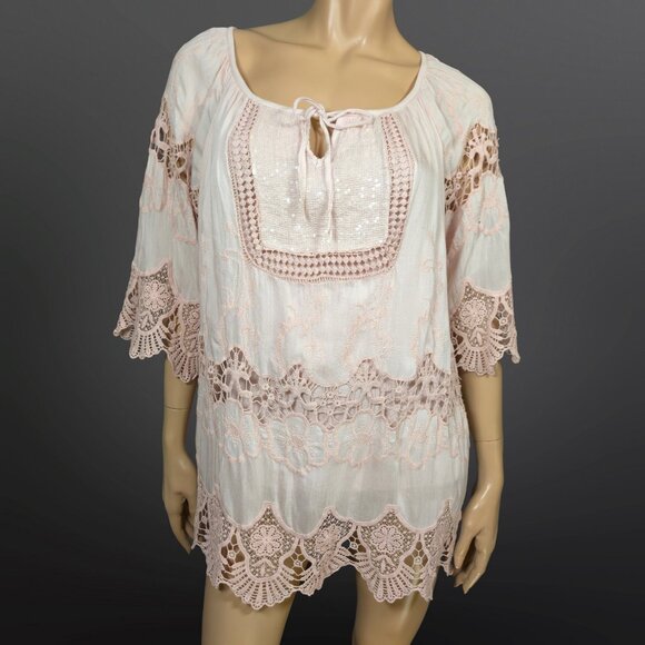 Y2K Boho Fairy Pink Lace Sequin Long Top Tunic Size L Silk Blend Made In Italy - Picture 1 of 11